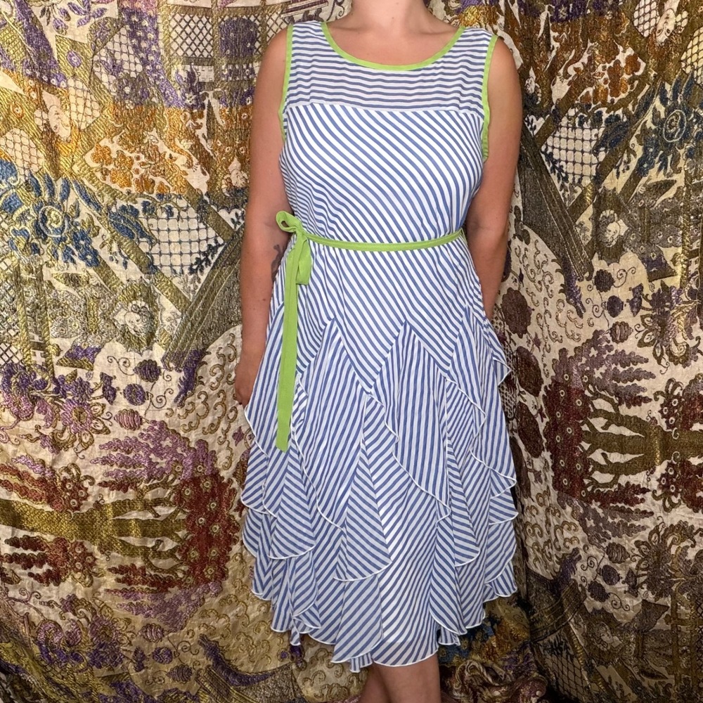 Boho Preppy Blue White Striped Tiered Ruffle Hem Tie Waist Sleeveless Dress XXL